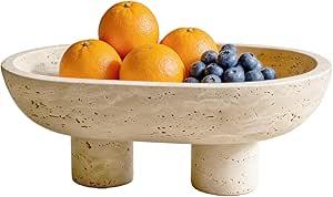 GEOONA Natural Travertine Fruit Bowl, MultiFunctional Oval Stone Tray with Two Elevated Legs, Decorative Organizer for Fruit, Jewelry, Keys in Kitchen, Living Room, Entryway
