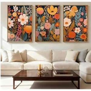 IARTTOP Large Floral Framed Canvas Wall Art 16x24 Inch Orange Abstract Blossom Flowers Wall Decor Set of 3 Mid-century Modern Boho Botanical Art Prints for Living Room Bedroom Office