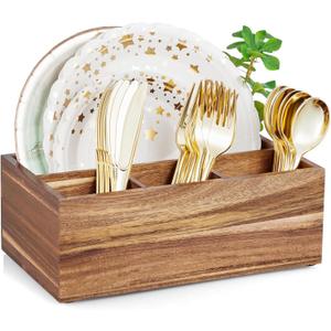 DRASTAR Paper Plate Dispenser, Acacia Utensil Caddy Organizer, Large Silverware Holder for Party, Paper Plate Organizer, Kitchen Utensil Caddy for Party Picnic Camping