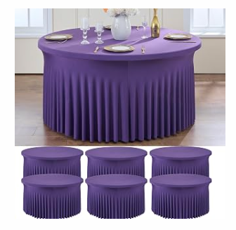 6 Pack Purple Spandex Round Tablecloths for 72 inch Table, Wrinkle Free Stretchy 132inch Fitted 6ft Round Table Cover Cloths with Skirt for Wedding Party Dining Banquet