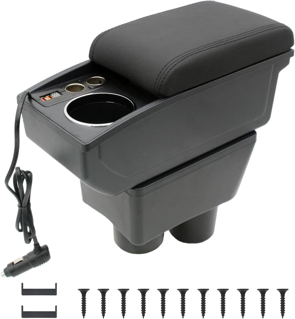 YJYWZH Car Armrest Box Fit for Nissan Almera Versa 2012-2019 Accessories Center Console Cup Holder Double Layer Storage Organizer Box with 2 USB Fast Charging Ports (Black Stitching)