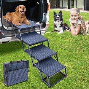 Dog Stairs for Car, Foldable Dog Ramp for Large Dogs with Removable Non Slip Surface, Supports Up to 250 LBS, Portable Pet Stairs for Car Truck SUV RV Bed Couch, 4 Dog Steps (4 Steps x 17.3'')