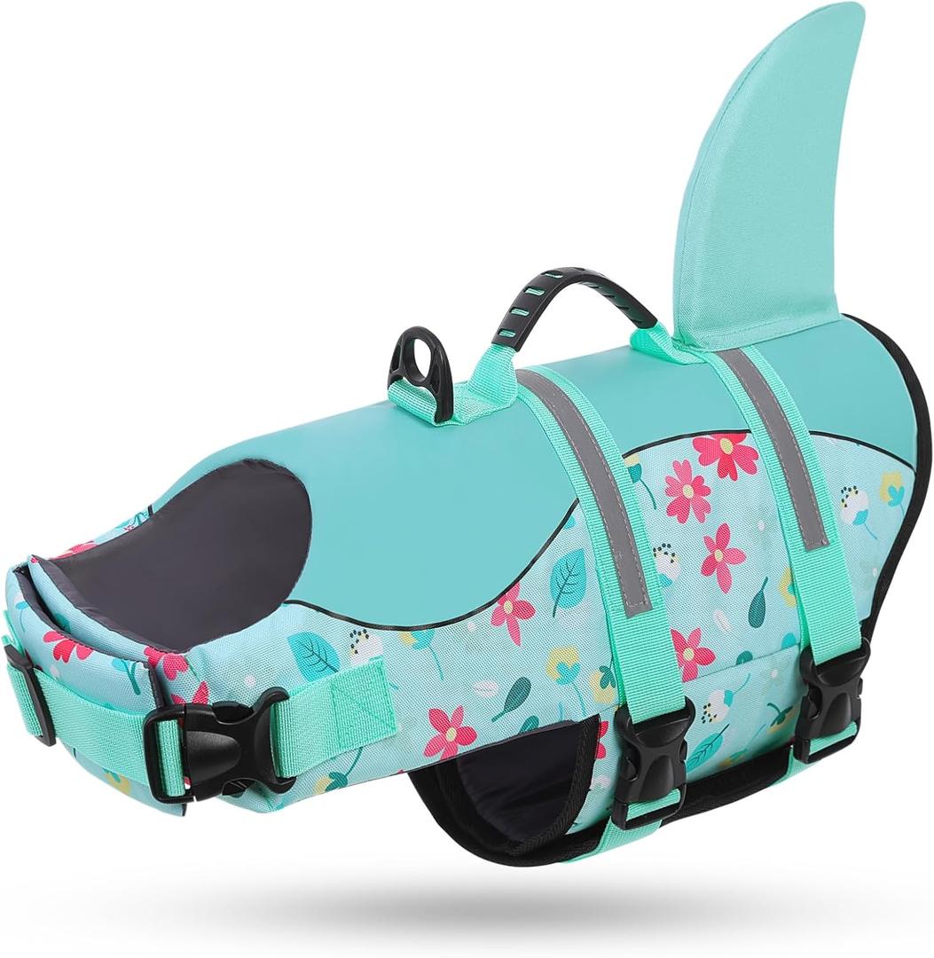 Queenmore Dog Life Jacket, Dog Life Vest for Swimming, High Buoyancy Shark Swimming Safety Vest for Large Dogs, Reflective Pet Lifesaver Preserver with Rescue Handle, Blue Flower XL