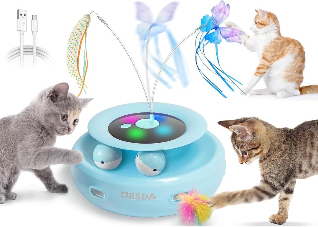 ORSDA Cat Toy, 3-in-1 Automatic Interactive Electronic Moving Ambush Feather, Fluttering Butterfly, Track Balls, USB Rechargeable Powered Smart Indoor Exercise Kicker (Blue)