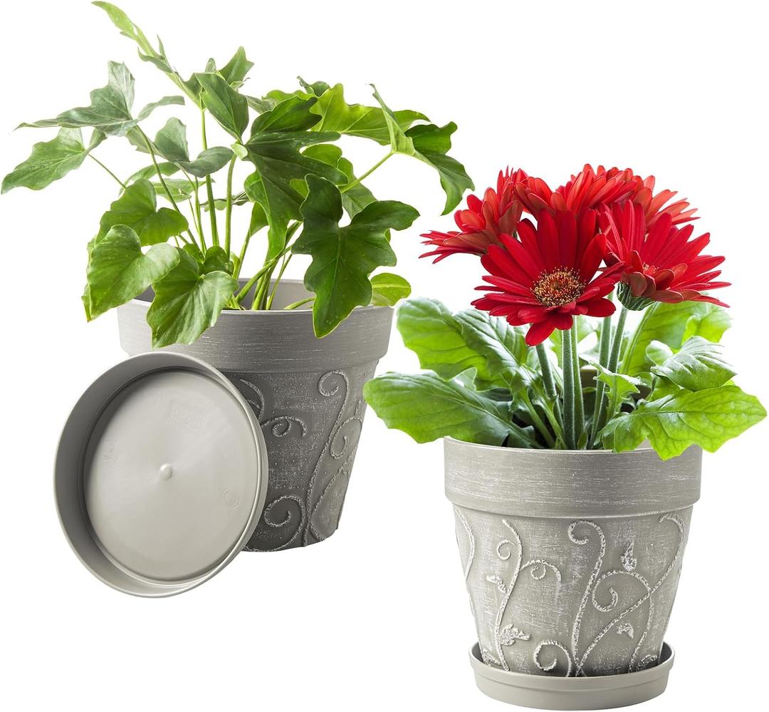 Melphoe Plant Pots Indoor with Drainage & Saucer, 2Pack 8 inch Flower Pots Outdoor Planters for Indoor Plants Garden Home Decor Cactus Succulent, Rigid Plastic (Imitation-Terracotta) Vine-Embossed