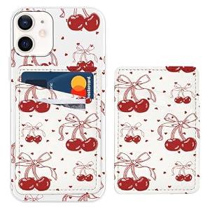 Aoldimu Cute Wallet Case for iPhone 12/ 12 Pro 6.1", Phone Wallet Stick On, Bow Cherry Ribbon Cases for Women Girls, Aesthetic Leather Phone Card Holder, Shockproof Protective Cover for iPhone 12