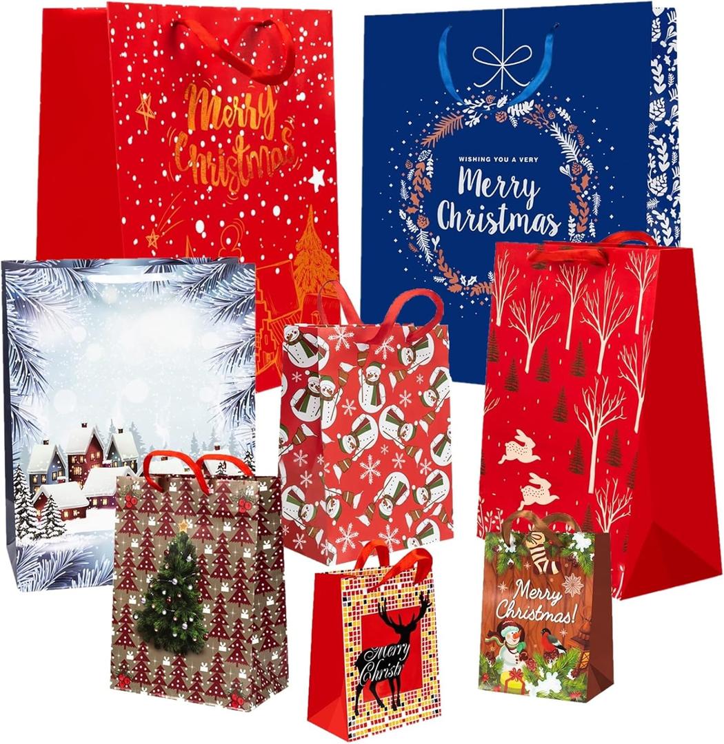 Cherubfunz 24 PCS Christmas Gift Bags Bulk Set with Snowman, Snowflake, Christmas Bell/Tree/Gin Pattern Design, Festival Bags for Wrapping Holiday Gifts  6 X-Large, 6 Large, 6 Medium, 6 Small (24 Count (Pack of 1))