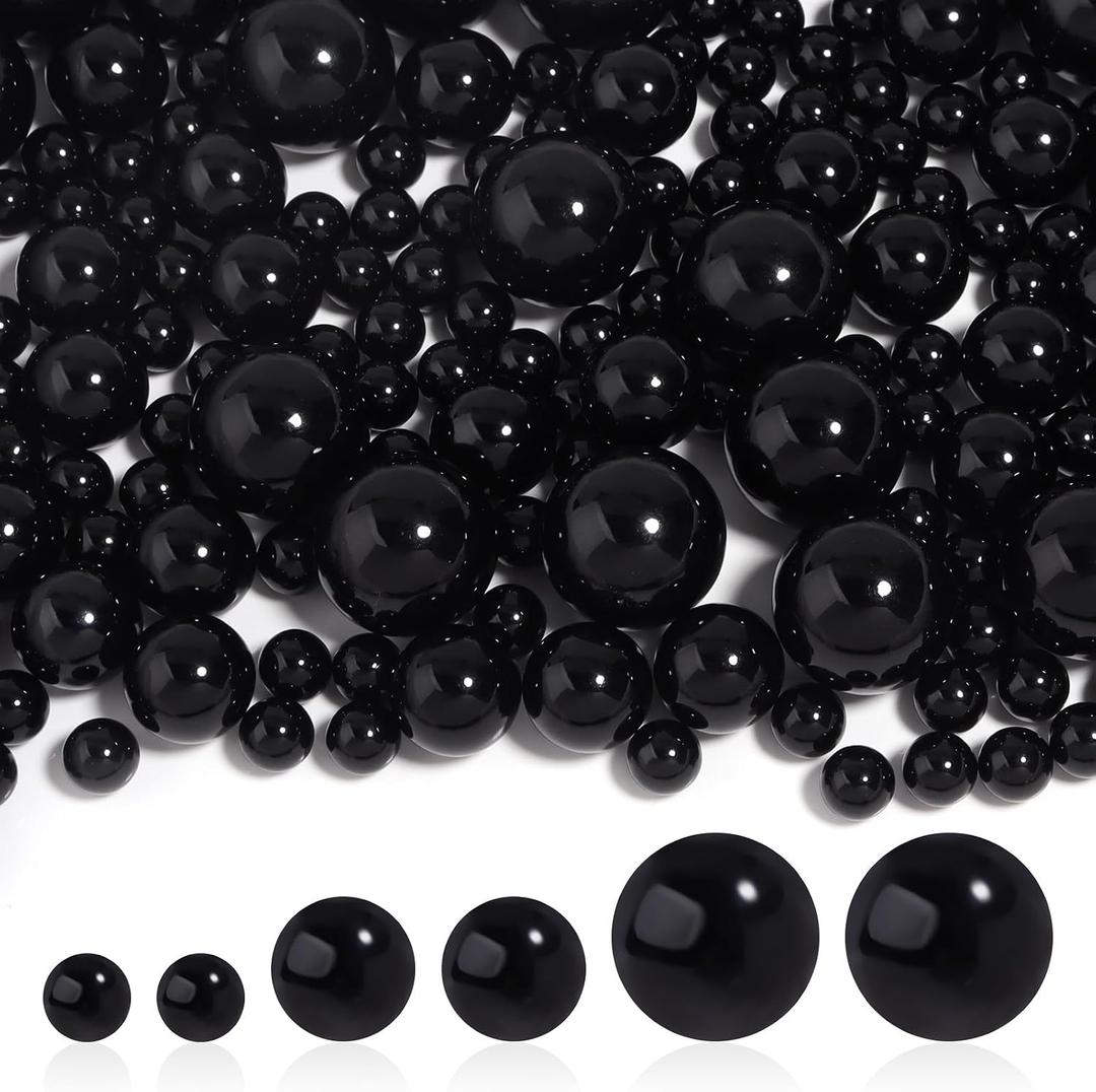 280PCS No Hole Pearl Beads for Vases Filler,8mm 14mm 20mm Mixed Size Round Black Floating Pearls for Centerpieces Vases, Brushes Holder, Wedding Party Decoration and Candles Centerpiece (Black)