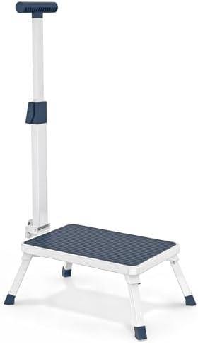 Folding Step Stool, Step Stools with Handle for Elderly Adults, Metal Stepping Stool with Adjustable Handrail in Kitchen, Bathroom, Bedroom, 330 Lbs Capacity