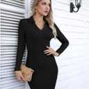 Valiamcep Women's Dress Long Sleeve V Neck Collared Ribbed Knit Bodycon Mini Pencil Dresses (S)