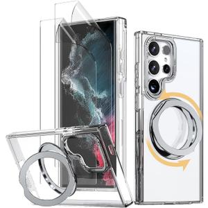 for Samsung Galaxy S23 Ultra/S22 Ultra Case Clear, with 2 Screen Protectors, 360 Spin Magnetic Stand, Compatible with Magsafe, Slim Phone Case