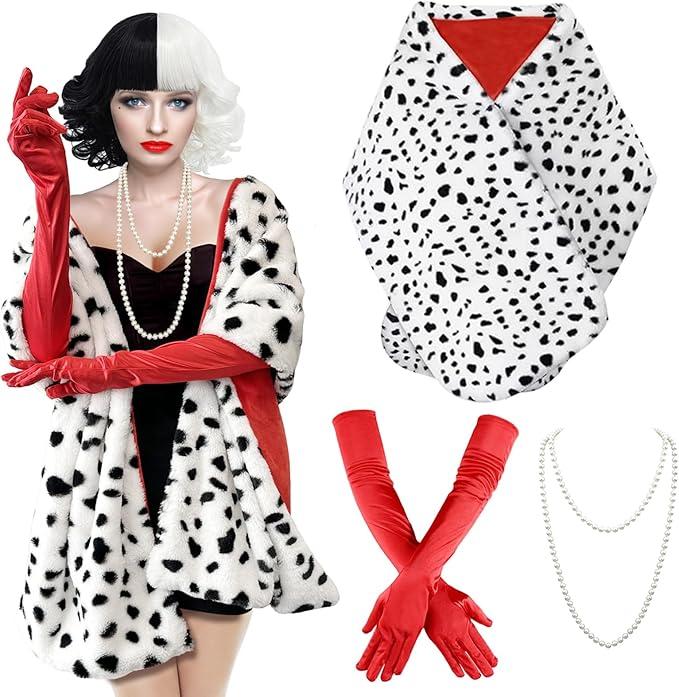Pextian 3PCS Halloween Costume Women, Dalmatian Shawl, 1920s Red Gloves, Dalmatian Costume Women Coat for Halloween Cosplay Party Pextian 3PCS Halloween Costume Women, Dalmatian Shawl, 1920s Red Gloves, Dalmatian Costume Women Coat for Halloween Cosplay Party