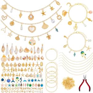 Quelay 328 Pcs Gold Sea Ocean Beach Charms Pendants for Jewelry Making Kit Bulk for Women DIY with 118 Charms 200 Jump Rings 5 Necklaces 5 Bracelets Accessories for Gift Beginner Arts Christmas