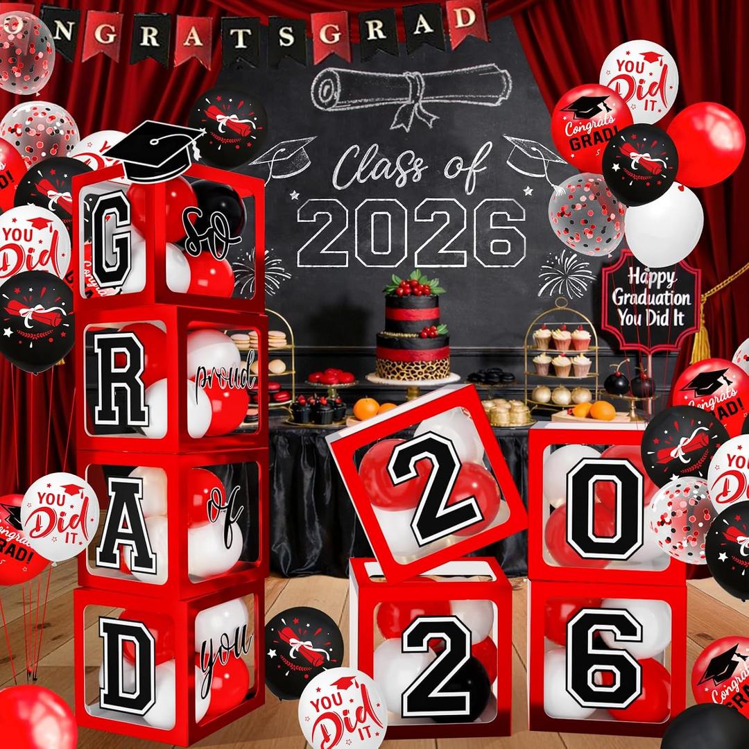 2026 Graduation Decorations - Red Balloon Boxes with Letters 2026 Grad & So Proud of You and Red Black White Print Balloons, Graduation Party Decorations Class of 2026 for Any Grades