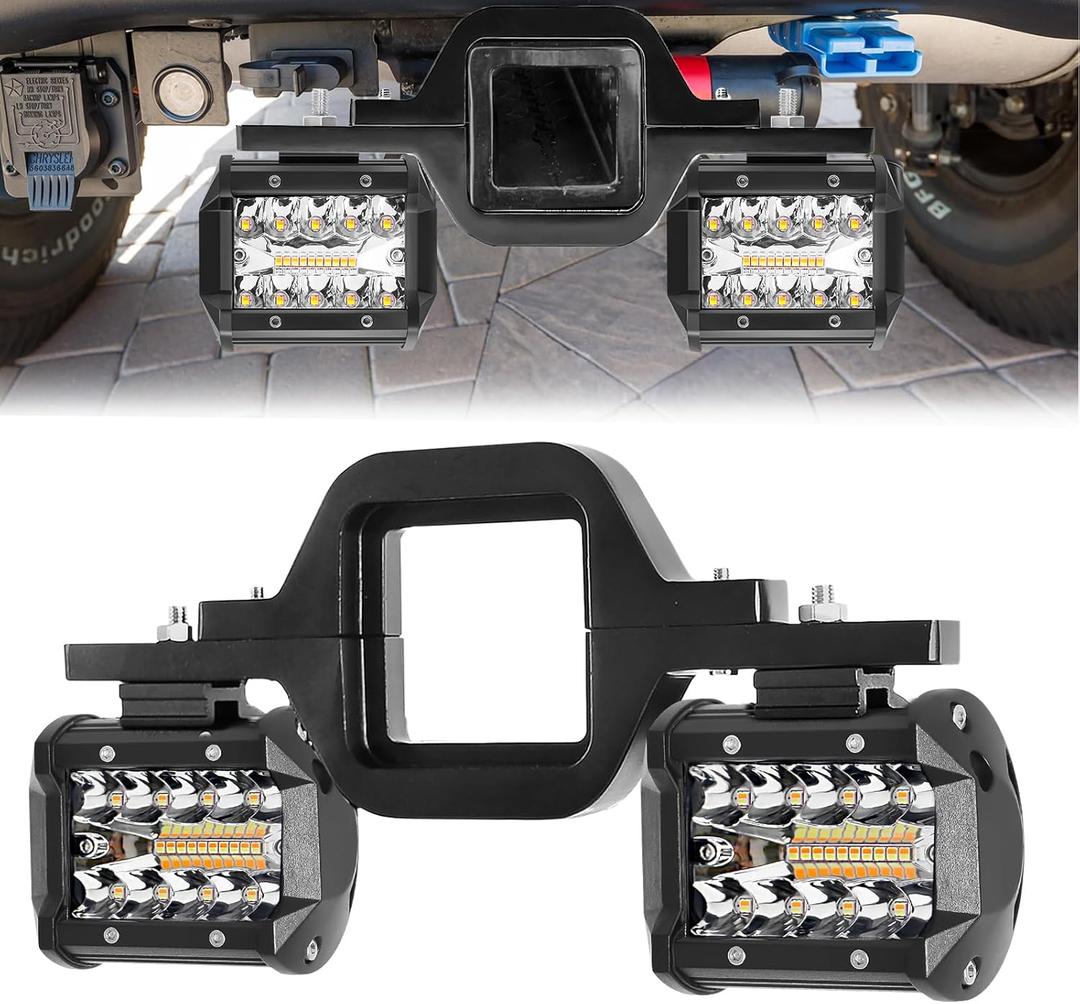 BESTZHEYU 4 Inch 60W Led Pods with 3 Inch Tow Hitch Mounting Brackets Backup Reverse Lights Rear Light Bar for Pickup ATV SUV Truck Trailer Boat with White and Amber Beam