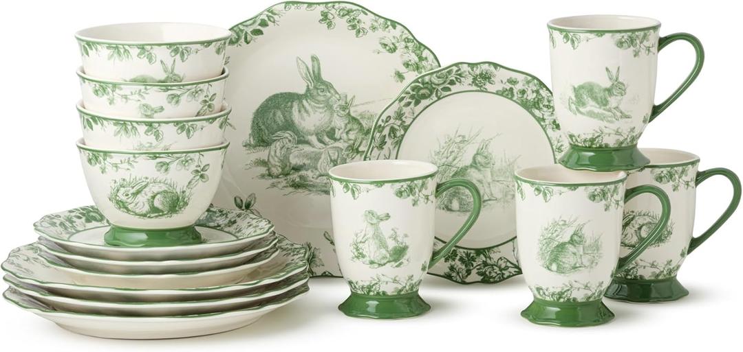 Le Jardin Bunny 16-Piece DINNERWARE SET, SERVICE FOR FOUR  Elegant Stoneware Plates, Bowls & Mugs for Springtime, Easter, Garden Parties & Everyday Charm  Scalloped Floral Toile Design
