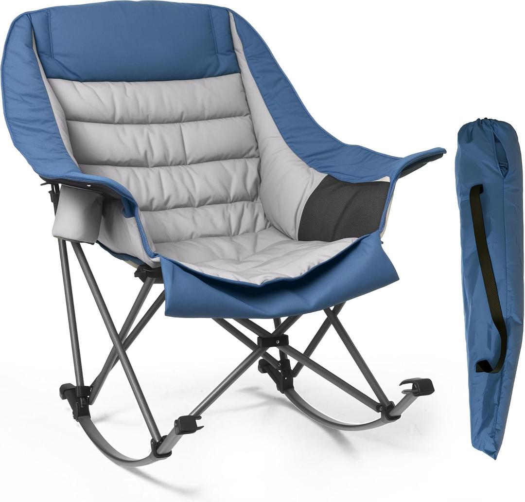Oversized Heavy Duty Camping Rocking Chair 400lbs, Padded Folding Lawn Rocker with Cup Holder Side Pocket, Portable Wide Seat Outdoor Foldable Chair with Carry Bag for Camp Patio Beach Tailgate, Blue