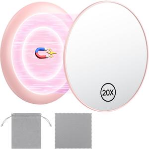 Gospire 20X Magnifying Mirror with Magnetic, 3.5 Inch Round Use for Makeup Application, Compact & Portable Magnified Cosmetic for Travel, Pink