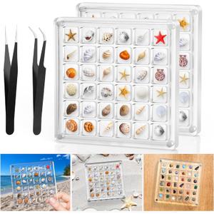 XANGNIER Acrylic Magnetic Seashell Display Box,Clear Sea Shell Display Box,Beach Magnet Storage Organizer Case for Seashell Diamond Beads,72 Grids,Transparent,2 Pack