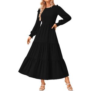 KIRUNDO Spring Dresses for Women 2026 Long Sleeve Maxi Wedding Guest Smocked Crew Neck Empire Waist A Line Flowy Long Dress (Medium)