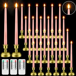 24 Pack Flameless Taper Candles with Remote Control and Timer Flickering LED Taper Candles Realistic 3D Flame LED Window with Base Holiday Wedding Home Decor(Pink)