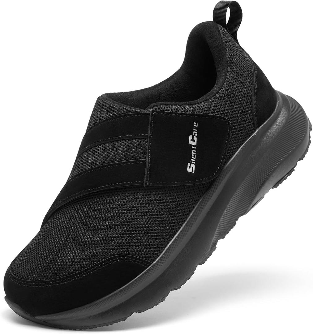 SILENTCARE Diabetic Shoes for Men Wide Toe Box Slip-on Shoes for Swollen Feet Adjustable Walking Shoes for Elderly Foot Pain Relief Neuropathy (12 WIde, Black)