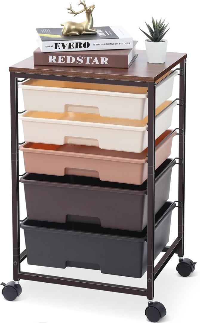Utility Cart with 5 Drawers,Storage Drawer Cart with Wooden Tabletop and Lockable Wheels,Craft Storage Trolley Cart,5-Tier Rolling Utility Cart on Wheels,Dark Brown, 12.6"D x 15.55"W x 25.47"H