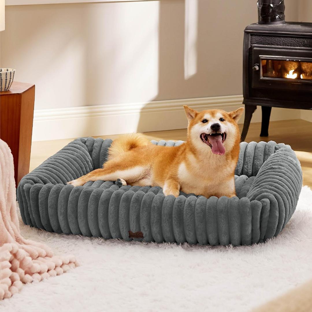 Bedsure ComfyFleece Cute Dog Bed for Large Dogs - Washable Furry Puppy Beds, Rectangle Orthopedic Corduroy Fleece Pet Beds with Removable Zipper Cover, 36x27x8inches, Warm Grey