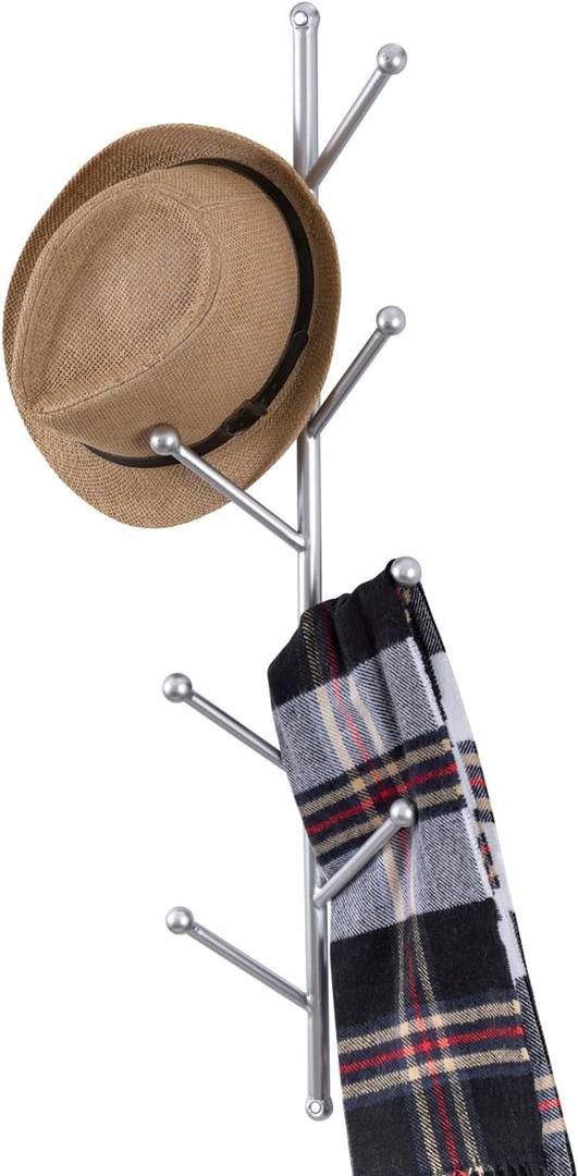 MyGift 8 Hook Wall Mounted Modern Silver Tone Metal Hat and Coat Hanger Tree, Decorative Entryway Vertical Hanging Garment Rack with Branch Style Hooks for Umbrellas Scarves Purses
