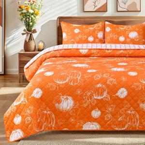 Likiyol 3 Piece Fall Quilts Queen Size Pumpkin Queen Quilt Bedding Set, Reversible Soft Lightweight Bedspread Coverlet with 2 Pillow Shams Autumn Quilt Sets for Thanksgiving Decor, Orange, 90" x 90"