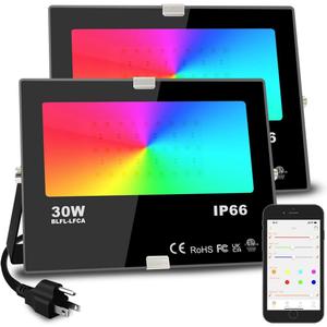 Led Flood Light 30W, 300W Equivalent 3000 LM Outdoor Color Changing Led Stage Landscape Lights, Bluetooth RGBW Smart Floodlights 2700K & 16 Million Colors&Timing& Music Sync, IP66US 3-Plug (2 Pack)