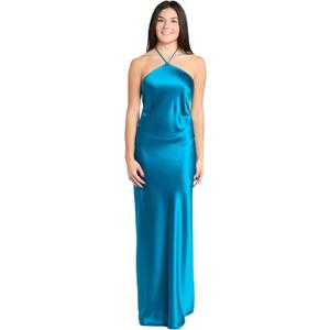 MORGAN AND CO.
Elegant Juniors' Silky Satin High Neck Gown W/Back Tie & Flowing Skirt (Small, Teal)