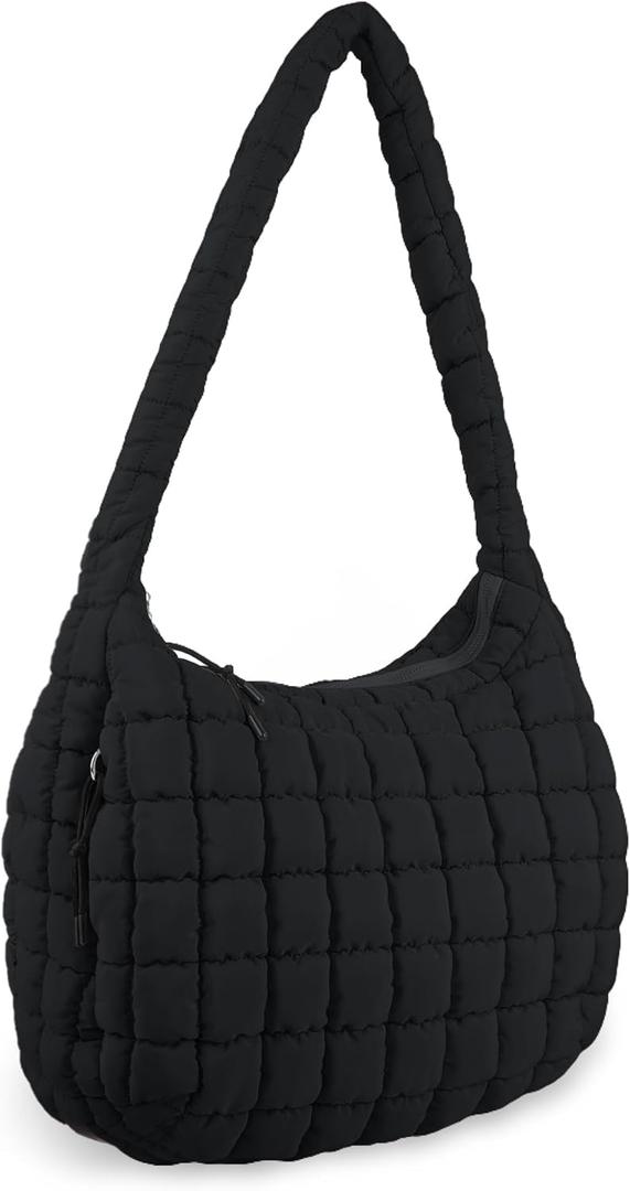 Quilted Puffer Tote Bag Purse Puffy Crossbody Shoulder Bag,Lightweight Nylon Hobo Bag Puffer Carryall Bag for Women Girl (Large, Black)