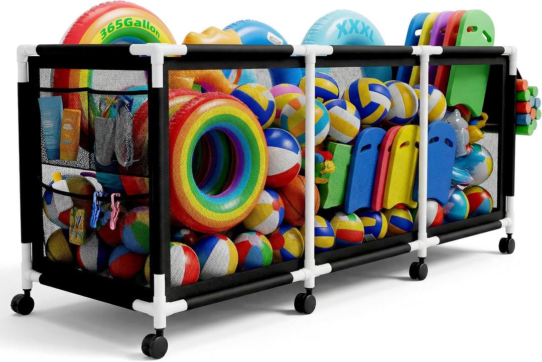 Jotesnew 365 Gallon 103" Pool Storage Bin XXXL Extra Large Swimming Pool Float Storage Bin, Pool Noodles Holder, Toys, Floats and Balls Mesh Rolling Storage Organizer Bin, 103" Lx32 Wx35 H (Black)
