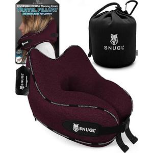 SNUGL Travel Pillow – Memory Foam Pillows - Neck Pillow for Airplane with Carry Bag & Clip – Neck Support Pillows for Pain Relief - Airplane Travel Essentials (Adult Regular - Dark Red)