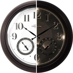 Presentime & Co 18" Illuminated in/Outdoor Clock with Smart Sensor and Night Light, Waterproof, Large Wall Clock with Thermometer & Hygrometer, for Garden and Patio - Oil Rubbed Bronze
