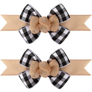2 Pcs Black and White Buffalo Plaid Wired Ribbon Handmade Premade Burlap Bows for Wreaths Tree Decorations Gift Wrapping Outdoor Decoration (Black and White Plaid)