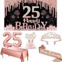 25th Birthday Decorations for Women with Banner, Rose Gold Tablecloth, Number Balloons, 25th Birthday Sash and Tiara, Cake Topper and Candles