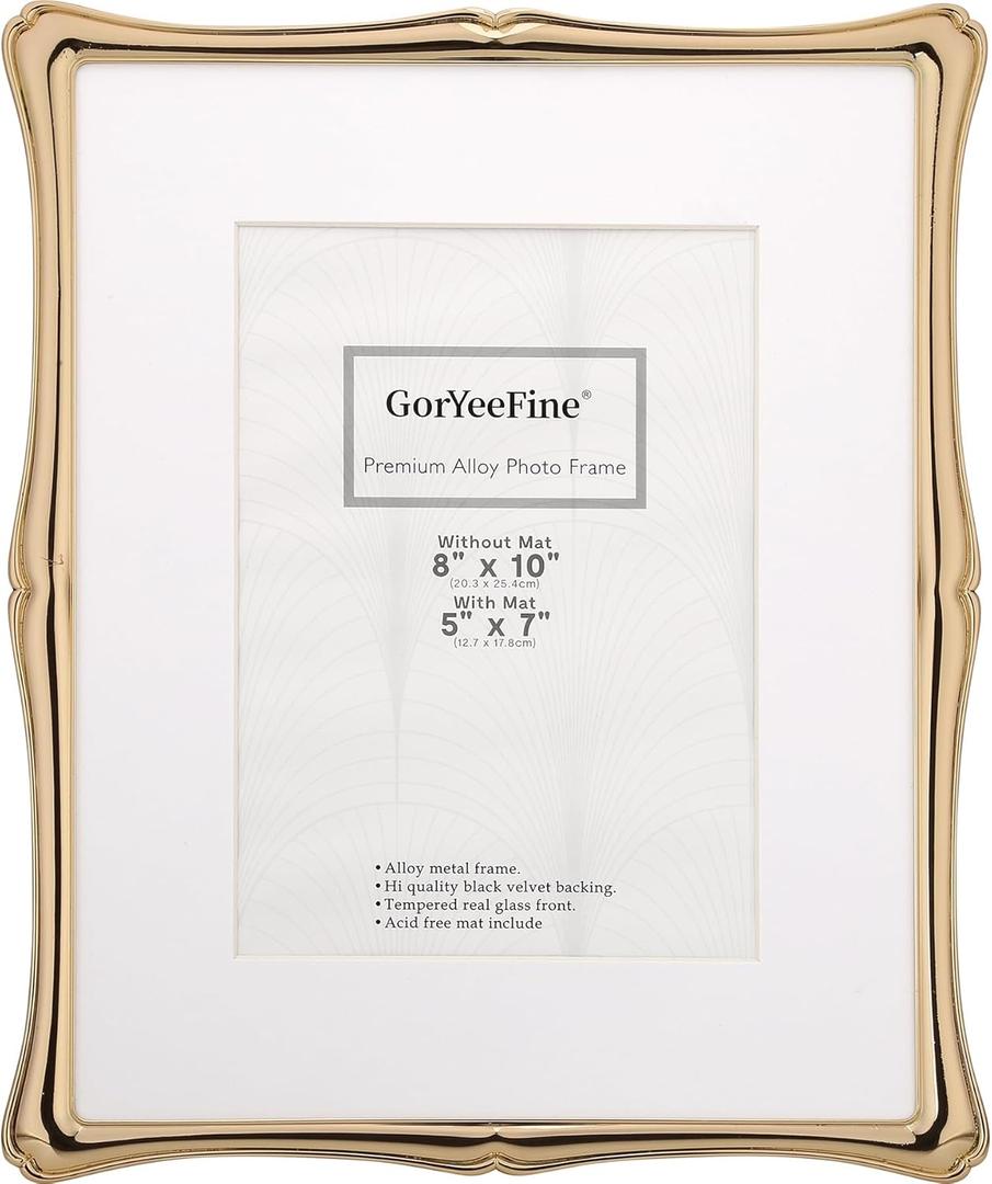 8x10'' Premium Alloy Gold Picture Frame with Acid Free Mat 5x7'',Hi-End Dcor Metal Frames 5x7'' with Black Velvet Backing for Desktop Display and Wall Decor