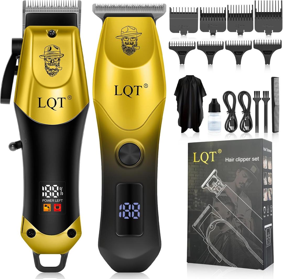 Men's Hair Clippers with LED Display & Detail Trimmer, 2-Piece Cordless Grooming Set, Professional Home Barber Equipment (Black Gold)