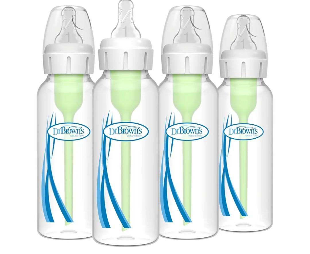 Dr. Brown's Natural Flow Anti-Colic Options+ Narrow Baby Bottle, 8 oz/250 mL, with Level 1 Slow Flow Nipples, 0m+, 4 Pack