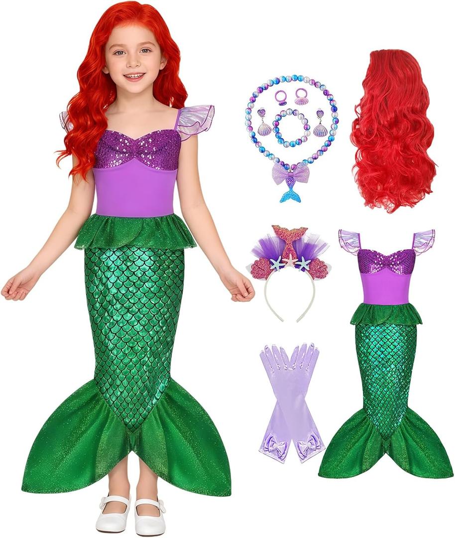Ariel Mermaid Costume for Girls Kids Princess Dress with Wig Necklace Accessories Set for Halloween Costume Birthday (130 5-6 Years)