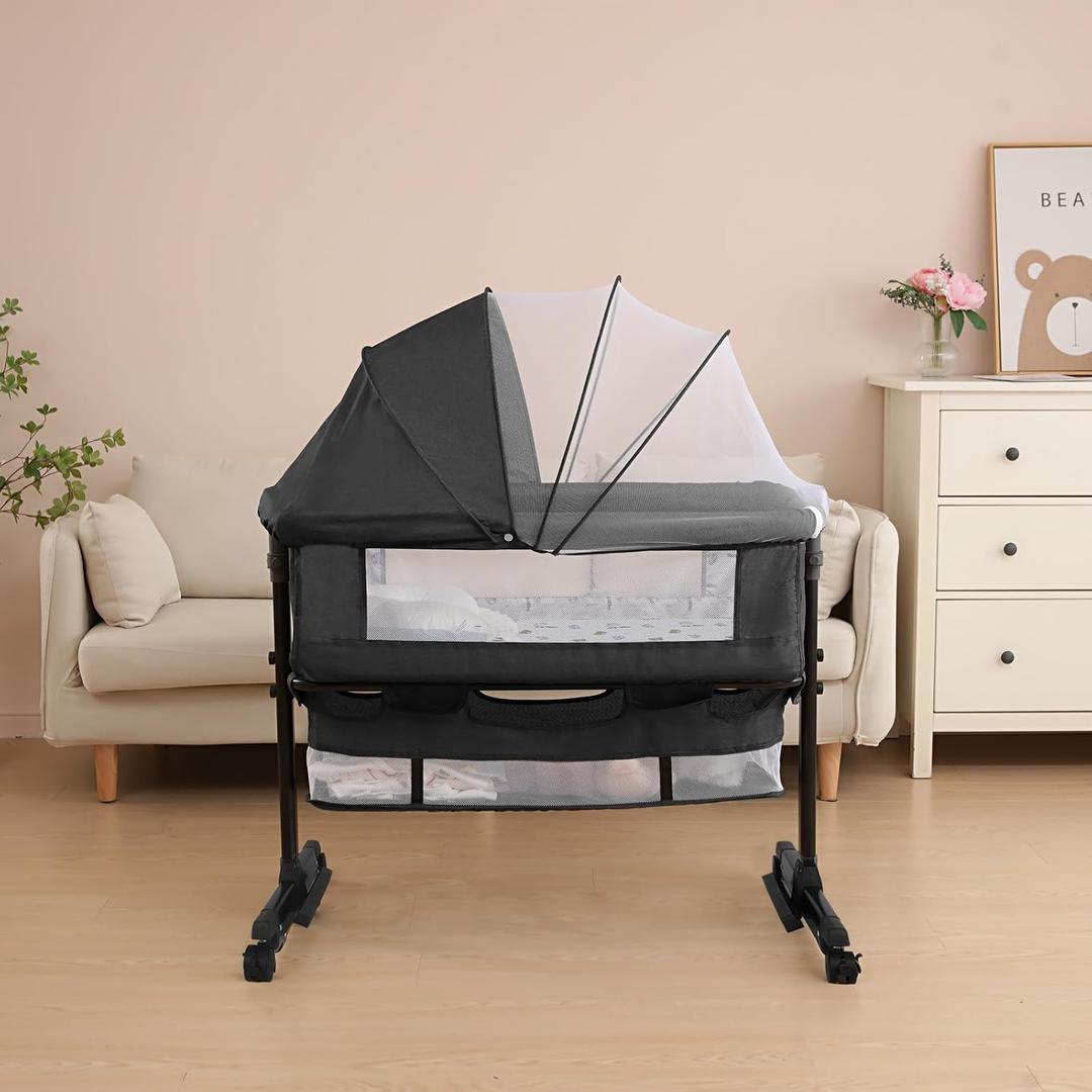YADAQE Baby Cradle, Freestanding Bedside Bassinet, 3-in-1 Convertible Bassinet with 360 Swivel Wheels, 2026 New Model Adjustable, Easy-Fold Portable Neutral Baby Newborn Bassinet (Dark Gray)