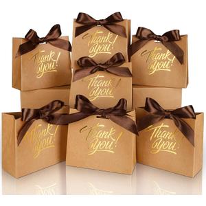 100 Pack Small Thank You Gift Bags, 4.5x1.8x3.9in Party Favor Bags Boxes with Bow Ribbon, Small Paper Gift Bags with Gold Foil Printed, Mini Candy Treat Bags for Birthday Wedding Party Holiday (Brown)