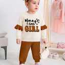 TyeSmo Toddler Girl Clothes 24 18 Months Girl Clothes 18-24 Months Girls Clothing Ruffle Long Sleeve Crewneck 2 Piece Outfits Mommy's Little Girls Printed Sweatshirt Pants Spring Brown