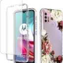 for Moto G30/Moto G10/Moto G20/Moto G10 Power XT2129-1 Case with Tempered Glass Screen Protector, Full-Body Cute Clear Floral Pattern Protective Phone Cover Case for Motorola Moto G30 (Flower)