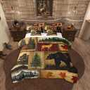 Erosebridal Rustic Farmhouse Comforter Set 7 Pcs Queen,Retro Cabin Lodge Down Comforter,Hunting Bear Deer Bed in a Bag,Country Maple Leaves Duvet Insert,Rustic Woodland Pine Tree Sheets,Red Brown
