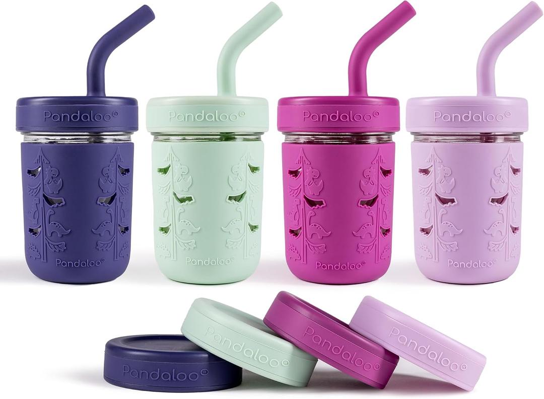 Pandaloo Mason Jar Toddler Cup - 8 oz Spill-Proof Glass Tumbler with Silicone Straw and Lid, Non-Slip Sleeve, BPA-Free Toddler Snack Cups - Perfect Smoothie Cups with Lids and Straws for Kids (Pack of 4, Blueberry/Sweet Sage/Deep Purple/lilac Rhapsody)