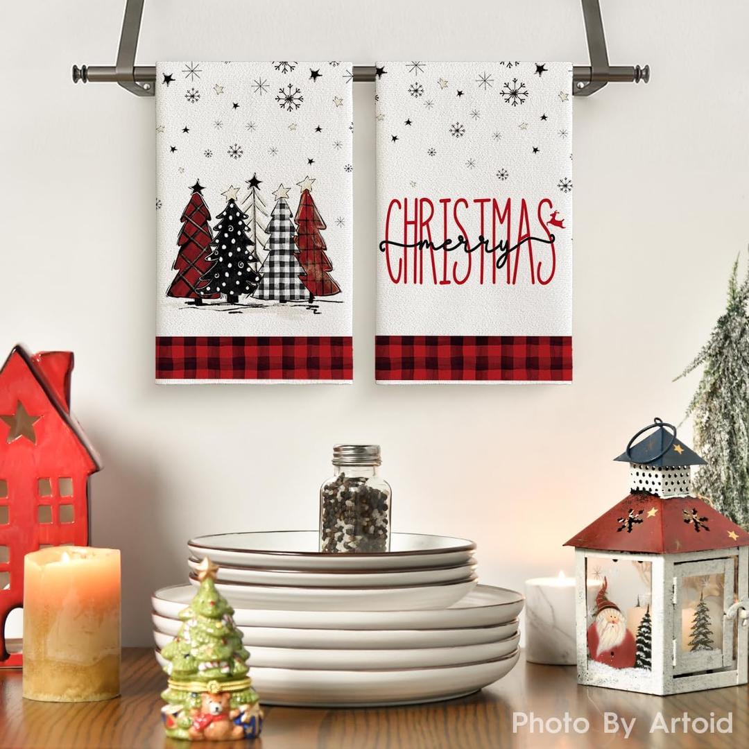Artoid Mode Red Black Buffalo Plaid Snowman Xmas Trees Christmas Kitchen Towels Dish Towels, 18x26 Inch Daily Seasonal Winter Decoration Hand Towels Set of 2