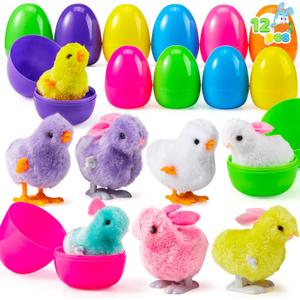 JOYIN 12 Pcs Easter Eggs Filled with Wind-up Toys, Colorful Egg with Wind-Up Jumping Chicks and Bunnies for Kids Easter Basket Stuffer, Party Favors, Classroom Prize